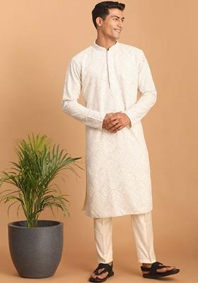 Cream Embroidered Poly Blend Kurta Set For Men