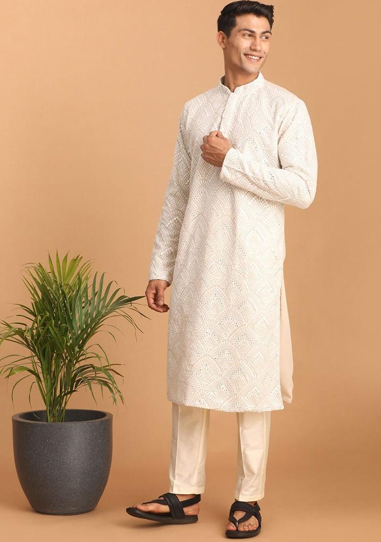 Cream Embroidered Poly Blend Kurta Set For Men