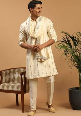Cream Embroidered Poly Blend Kurta Set For Men
