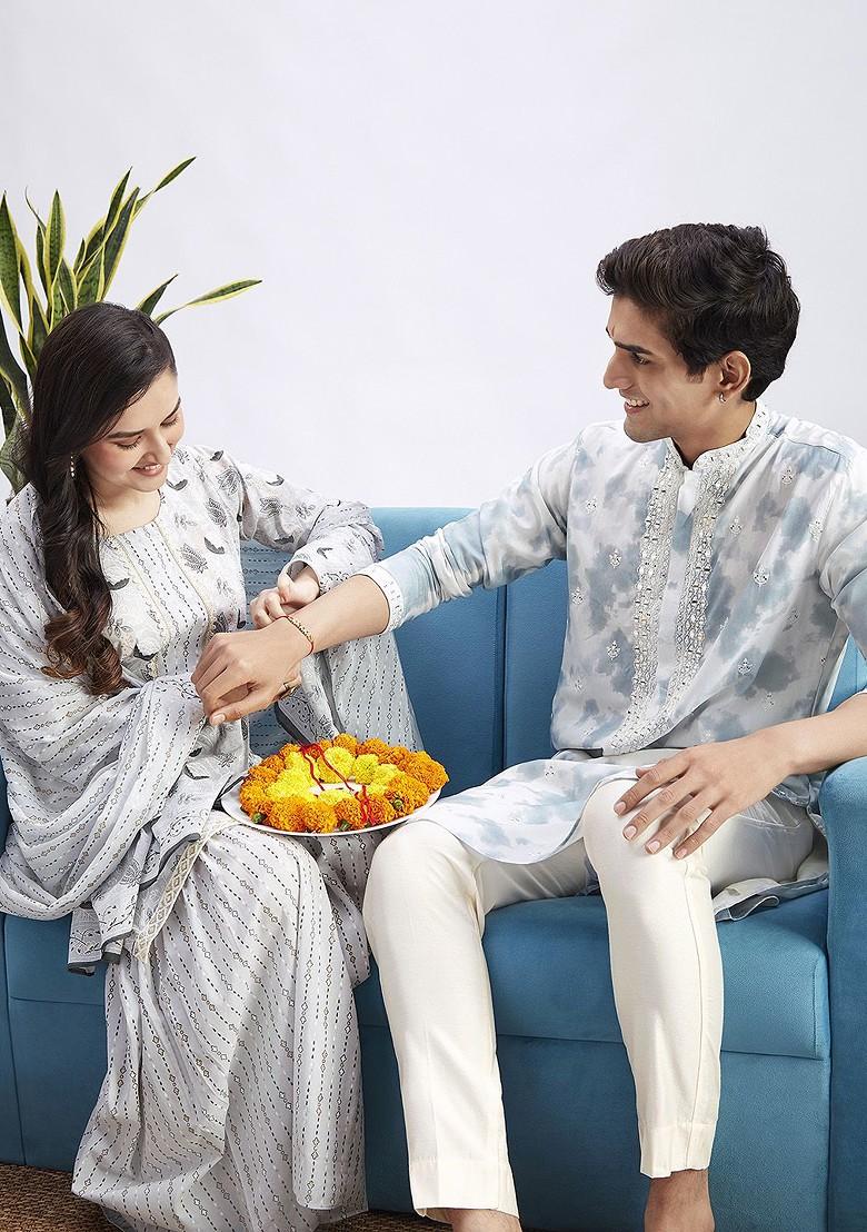 Grey Ethnic Motifs Poly Blend Kurta Set For Men