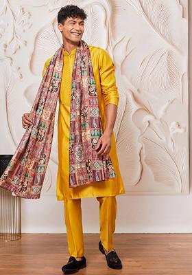 Mustard Solid Poly Blend Kurta Set For Men