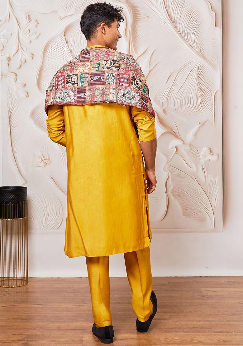 Mustard Solid Poly Blend Kurta Set For Men