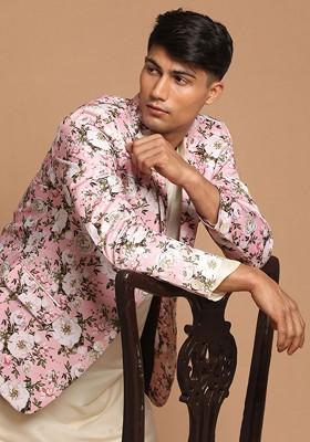 Cream Floral Print Poly Blend Kurta Set For Men
