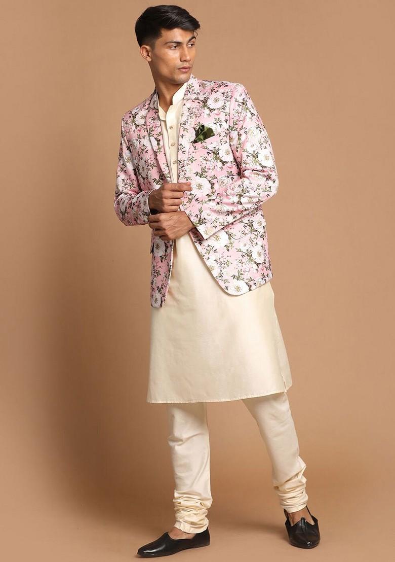Cream Floral Print Poly Blend Kurta Set For Men