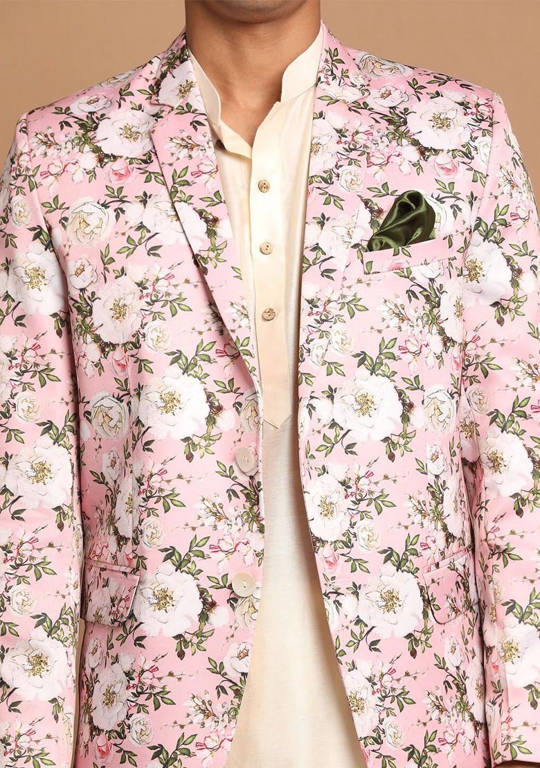 Cream Floral Print Poly Blend Kurta Set For Men