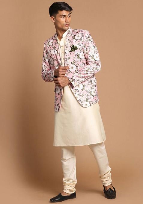 Cream Floral Print Poly Blend Kurta Set For Men