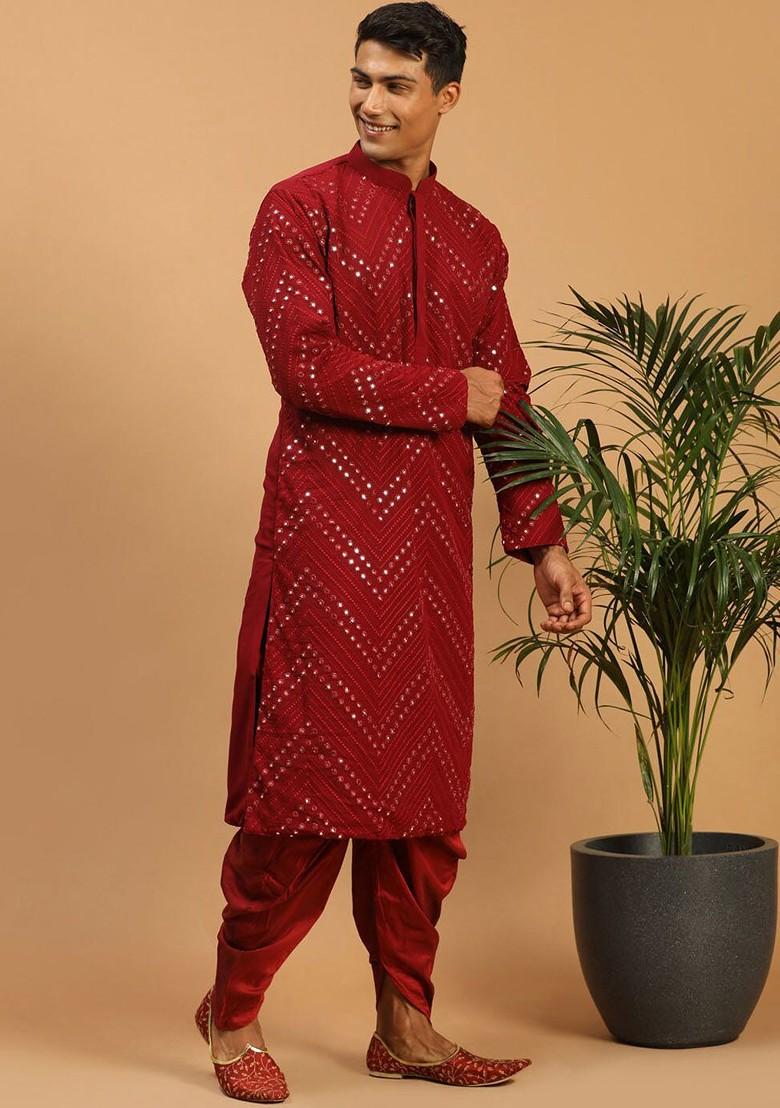 Maroon Embroidered Poly Blend Kurta Set For Men