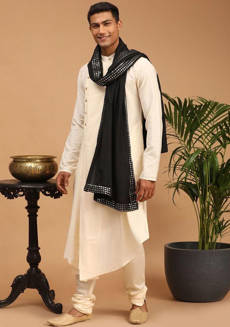 Cream Solid Poly Blend Kurta Set For Men