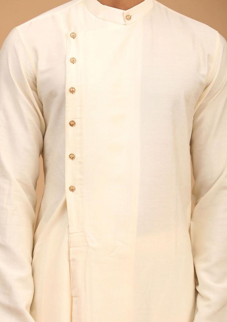 Cream Solid Poly Blend Kurta Set For Men