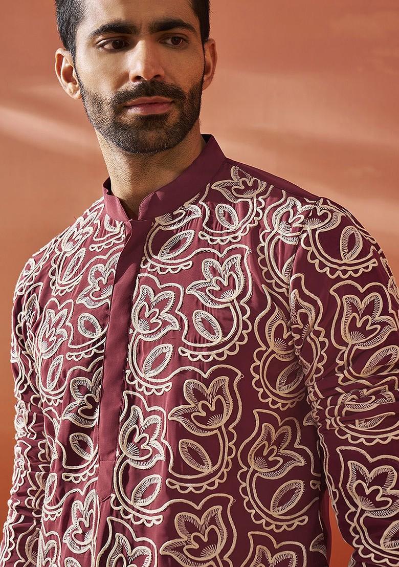 Maroon Floral Print Poly Blend Kurta Set For Men