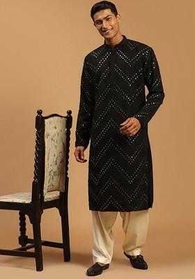 Black Embroidered Poly Blend Kurta Set For Men