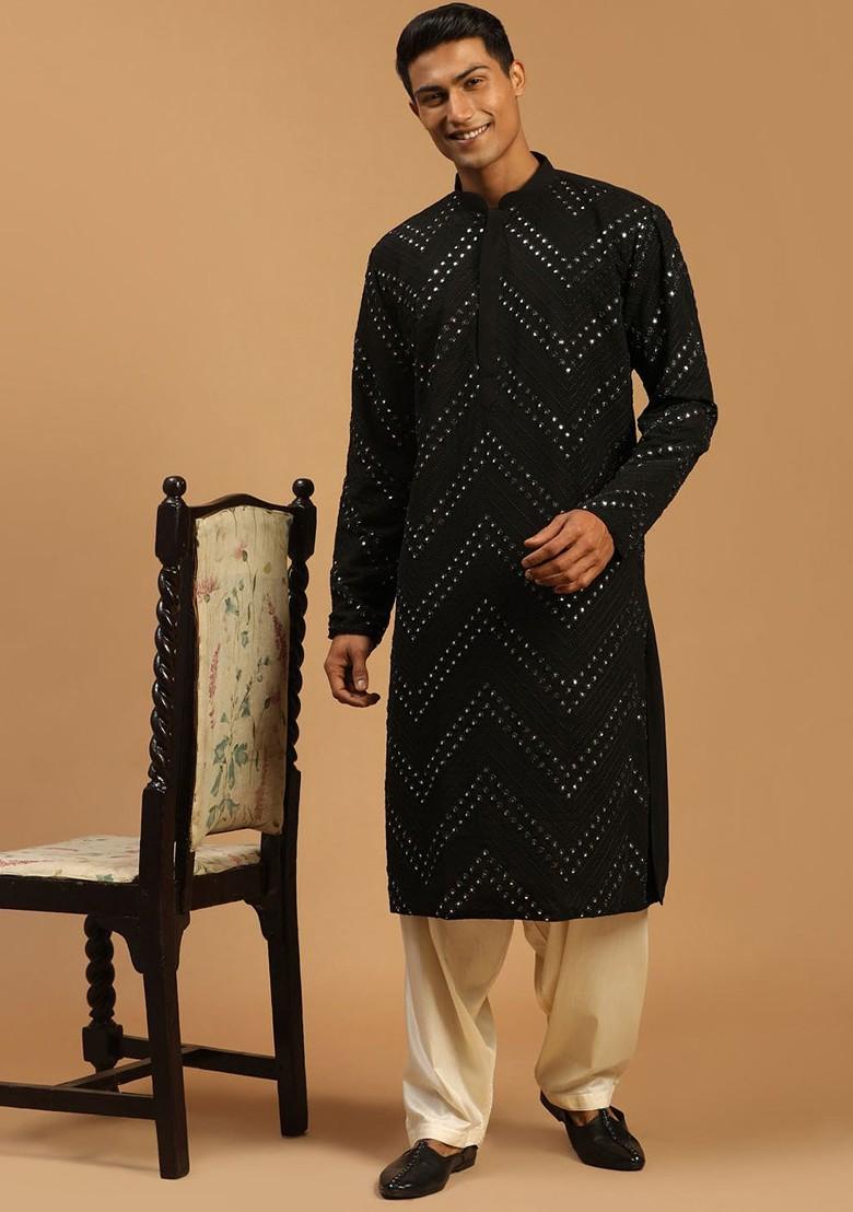 Black Embroidered Poly Blend Kurta Set For Men