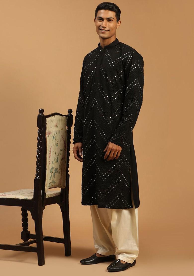 Black Embroidered Poly Blend Kurta Set For Men