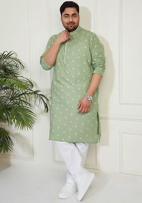 Green Solid Cotton Kurta Set For Men