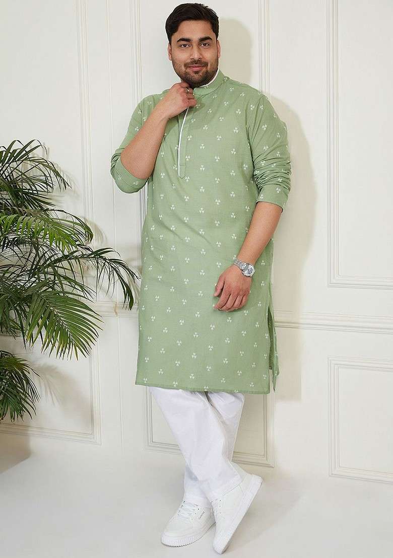 Green Solid Cotton Kurta Set For Men - Indya