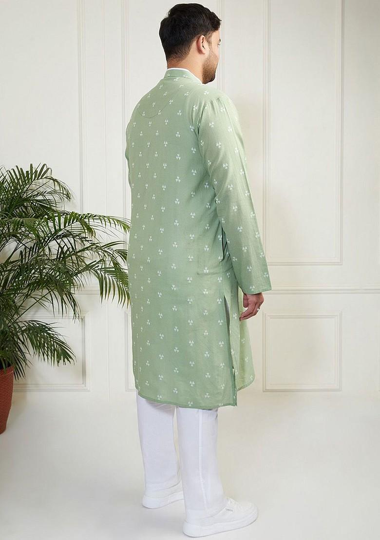 Green Solid Cotton Kurta Set For Men