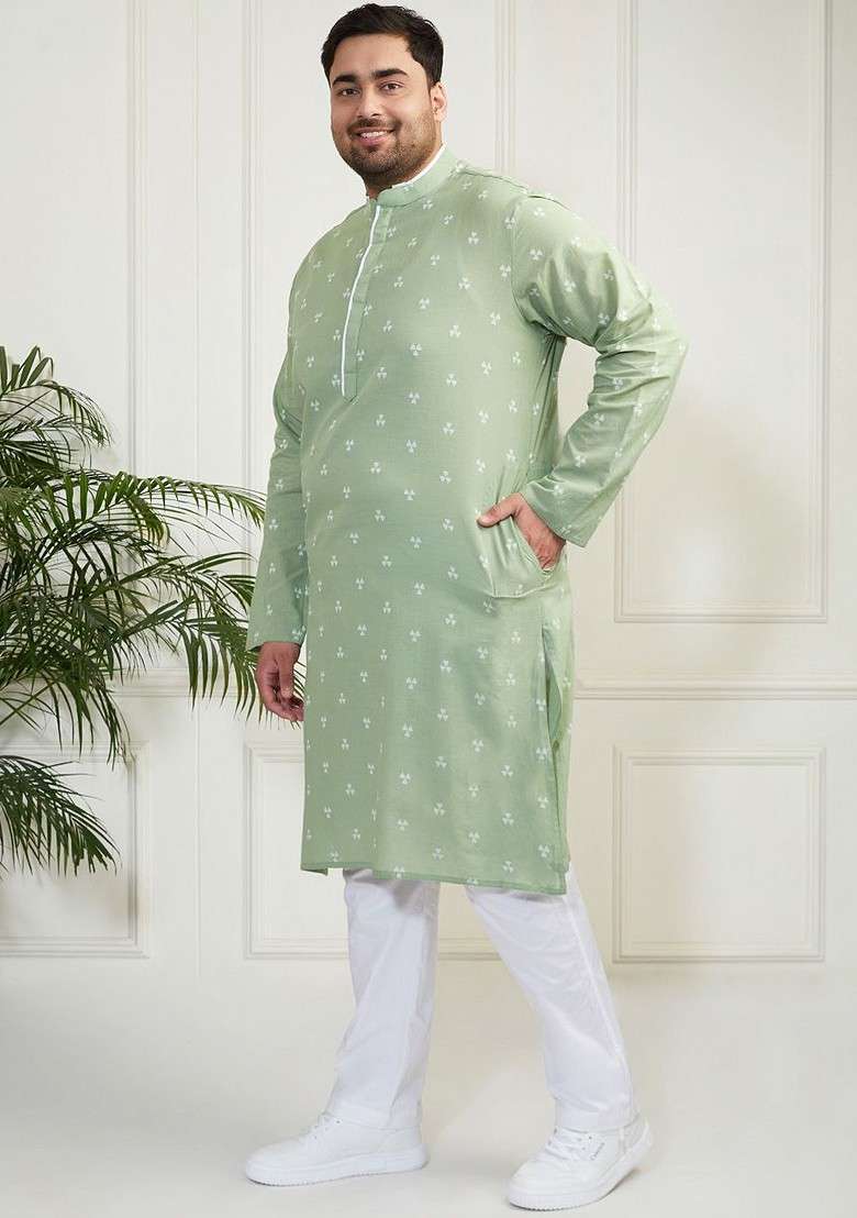 Green Solid Cotton Kurta Set For Men - Indya