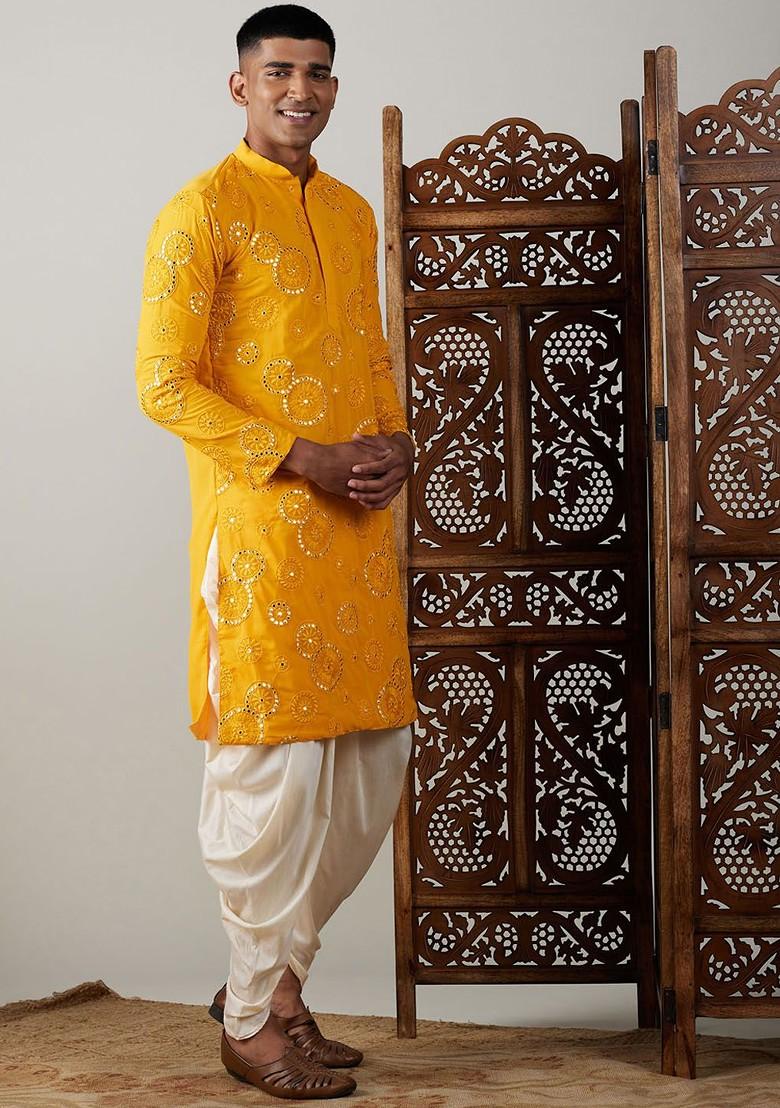 Yellow Embroidered Poly Blend Kurta Set For Men
