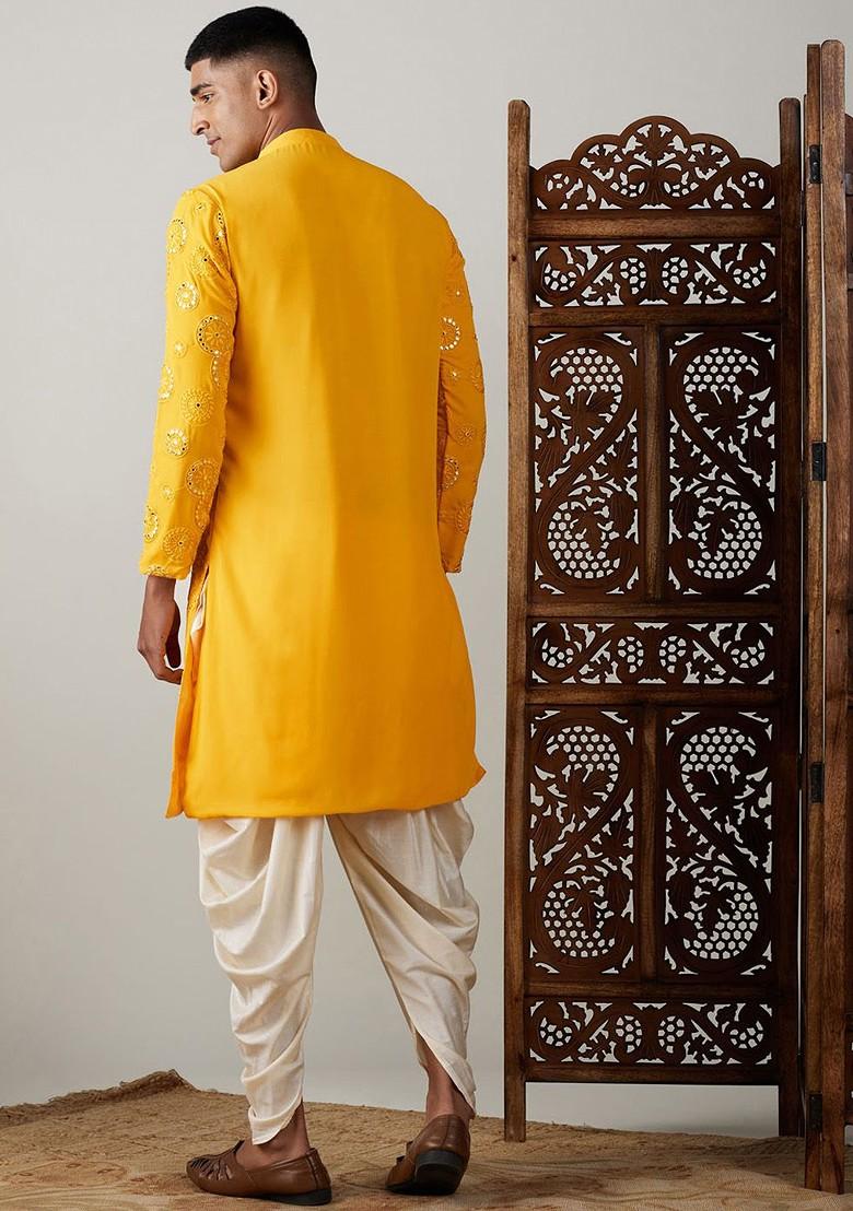 Yellow Embroidered Poly Blend Kurta Set For Men