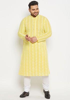 Yellow Embroidered Cotton Kurta Set For Men