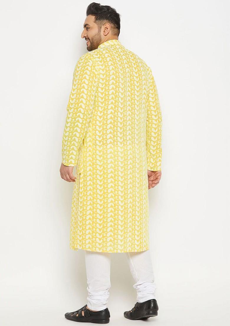 Yellow Embroidered Cotton Kurta Set For Men