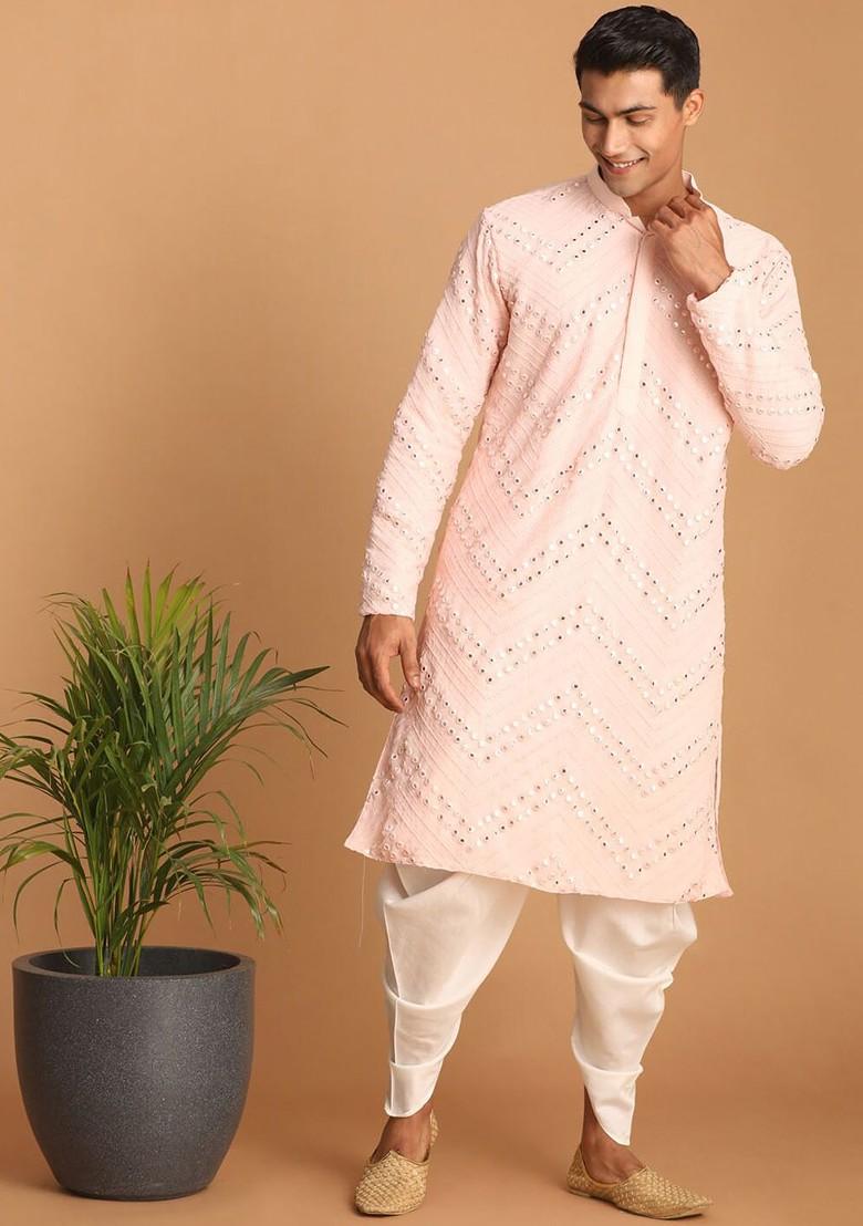 Pink Embroidered Poly Blend Kurta Set For Men