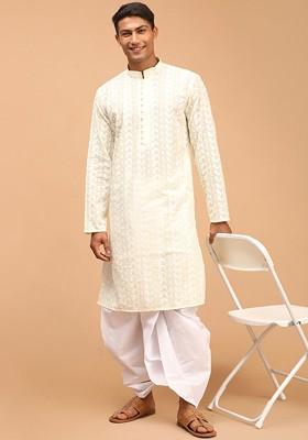 Yellow Ethnic Motifs Cotton Kurta Set For Men
