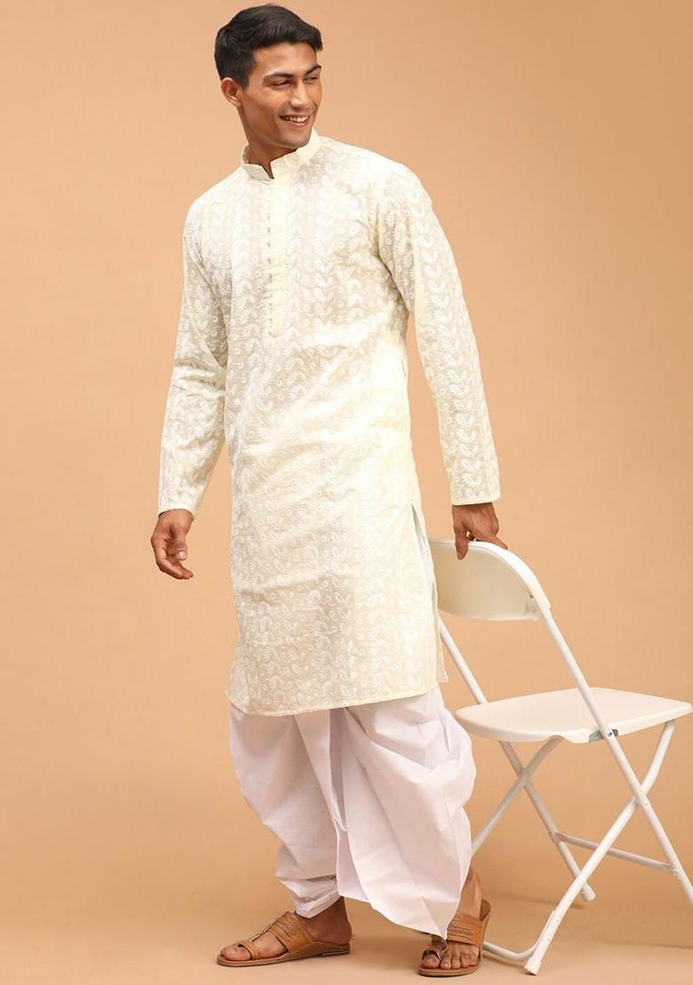 Yellow Ethnic Motifs Cotton Kurta Set For Men
