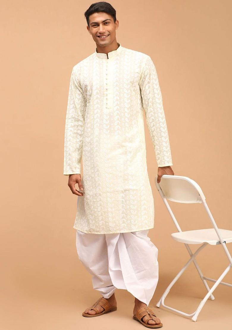 Yellow Ethnic Motifs Cotton Kurta Set For Men