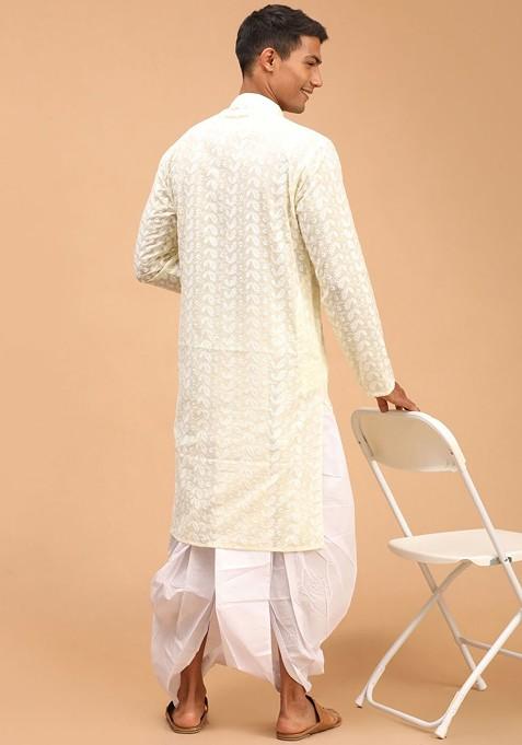 Yellow Ethnic Motifs Cotton Kurta Set For Men