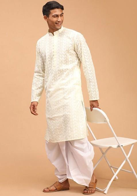 Yellow Ethnic Motifs Cotton Kurta Set For Men