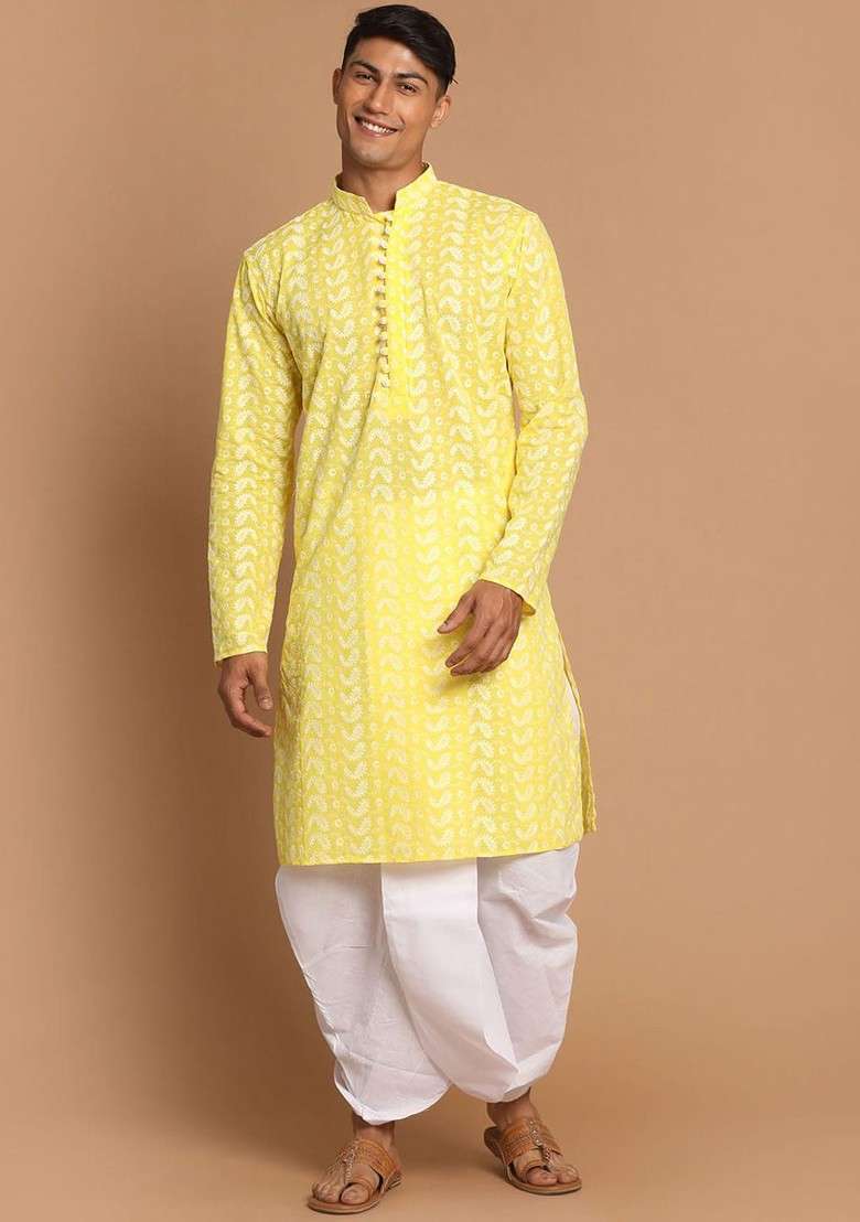 Yellow Solid Cotton Kurta Set For Men - Indya