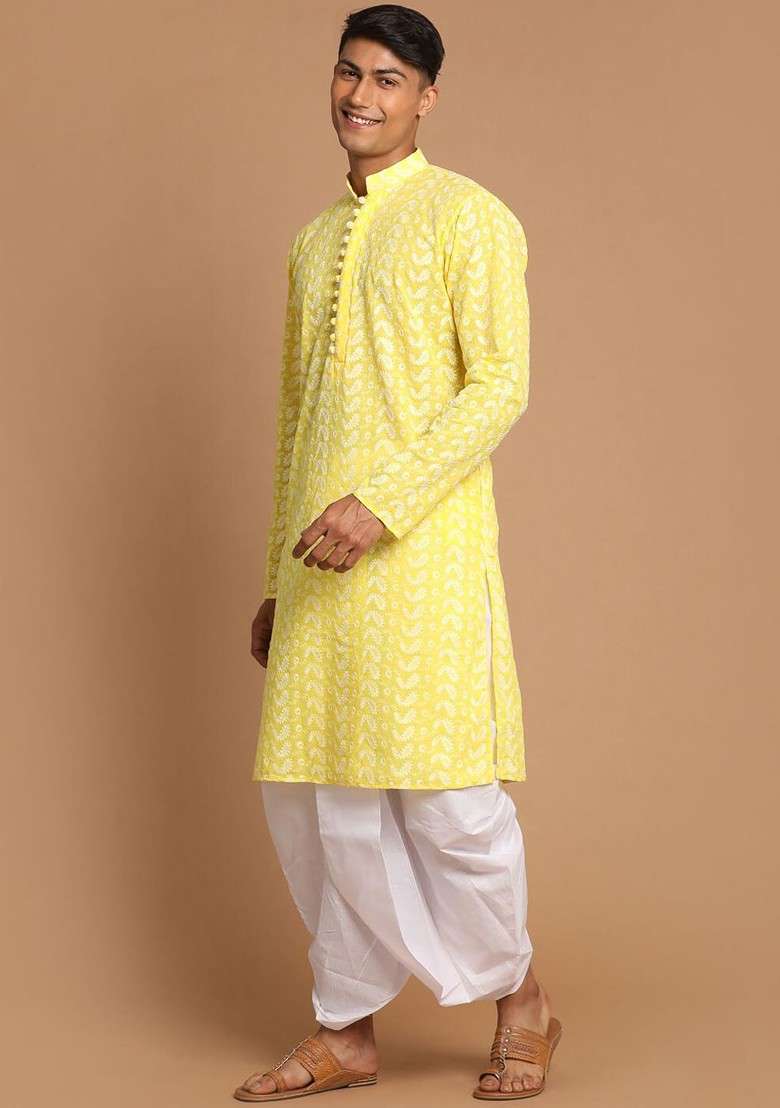Yellow Solid Cotton Kurta Set For Men - Indya