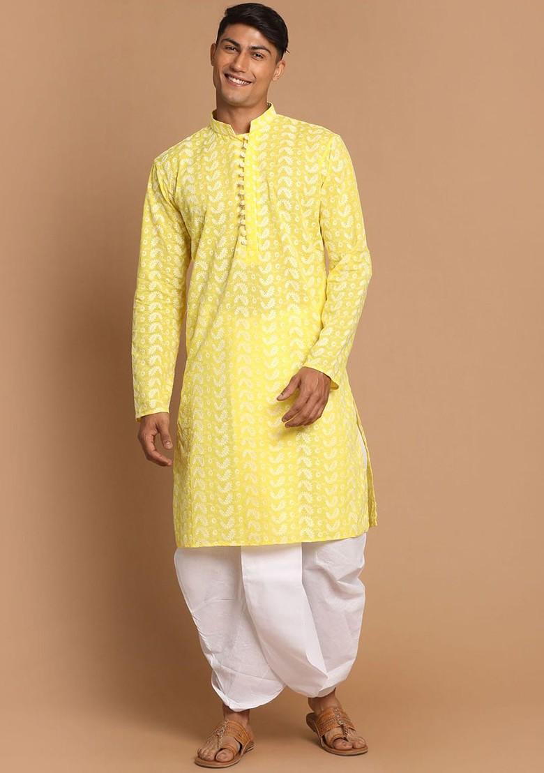 Yellow Solid Cotton Kurta Set For Men