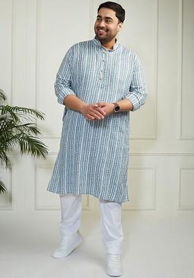 Grey Striped Cotton Kurta Set For Men