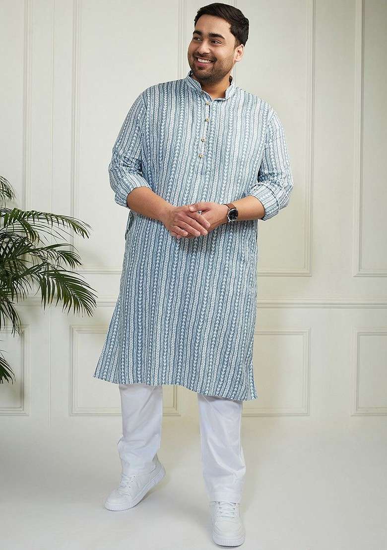 Grey Striped Cotton Kurta Set For Men - Indya