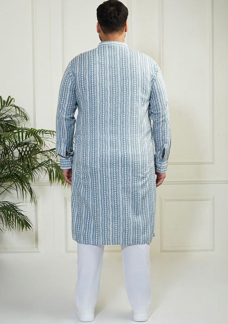 Grey Striped Cotton Kurta Set For Men