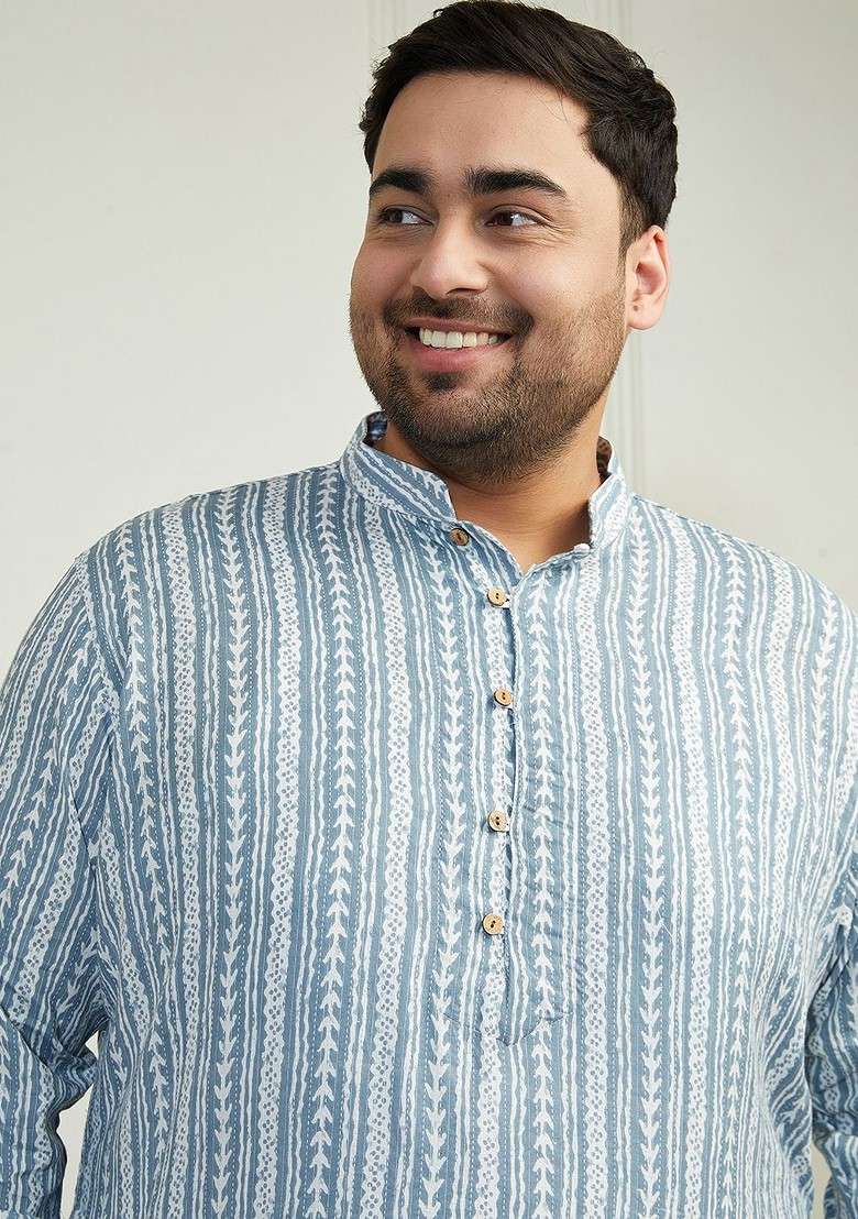 Grey Striped Cotton Kurta Set For Men - Indya