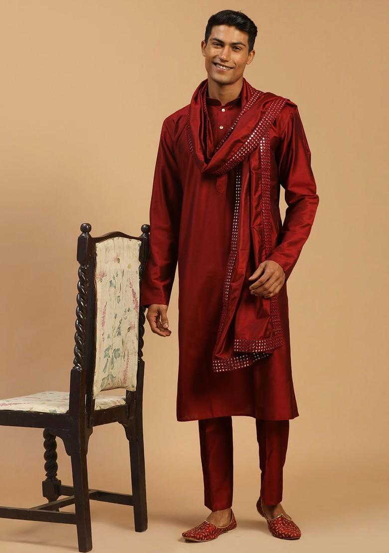 Maroon Mirror Work Poly Blend Kurta Set For Men