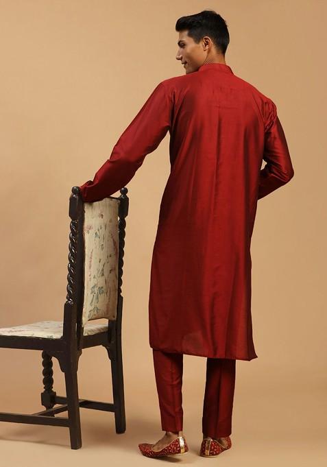 Maroon Mirror Work Poly Blend Kurta Set For Men