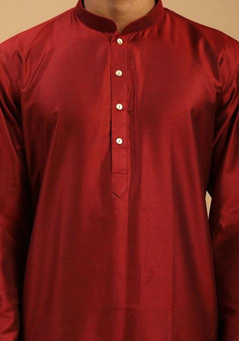 Maroon Mirror Work Poly Blend Kurta Set For Men