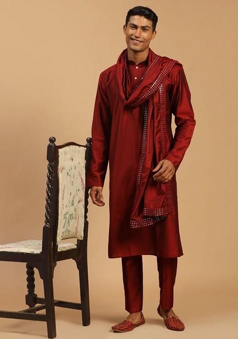 Maroon Mirror Work Poly Blend Kurta Set For Men