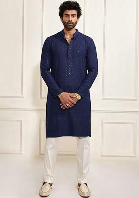 Navy Blue Floral Print Poly Blend Kurta Set For Men