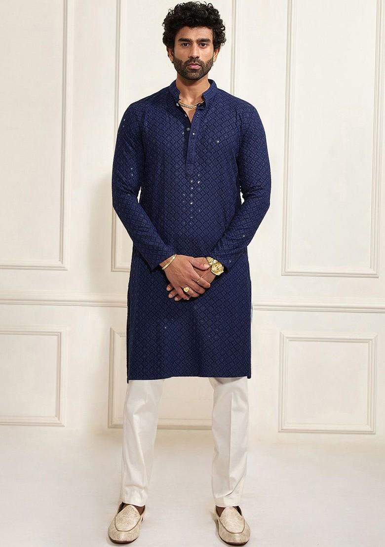 Navy Blue Floral Print Poly Blend Kurta Set For Men