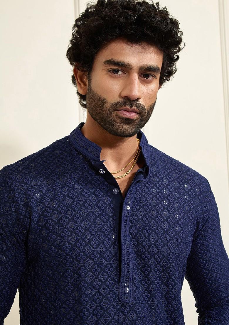 Navy Blue Floral Print Poly Blend Kurta Set For Men