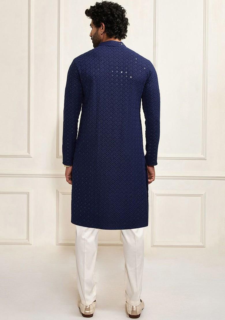 Navy Blue Floral Print Poly Blend Kurta Set For Men