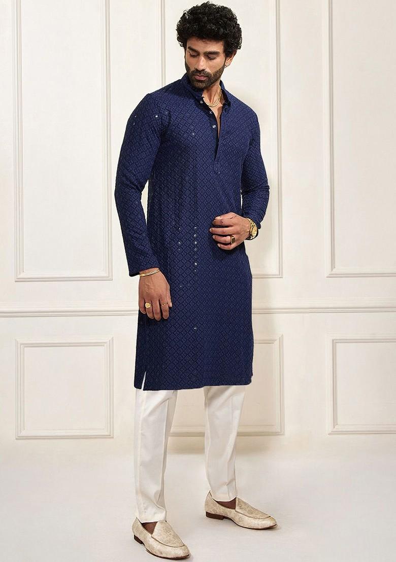 Navy Blue Floral Print Poly Blend Kurta Set For Men