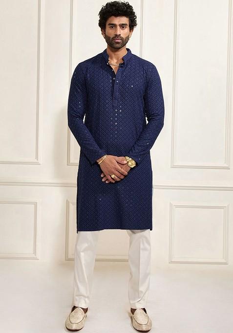 Navy Blue Floral Print Poly Blend Kurta Set For Men