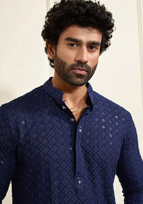 Navy Blue Floral Print Poly Blend Kurta Set For Men