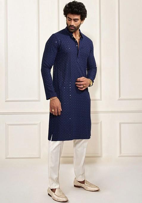 Navy Blue Floral Print Poly Blend Kurta Set For Men